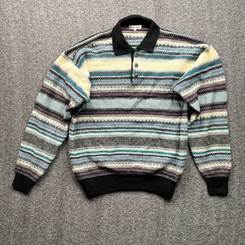 Vintage Michel Rene Sweater Mens Large Multi Color Striped Shetland Wool Blend